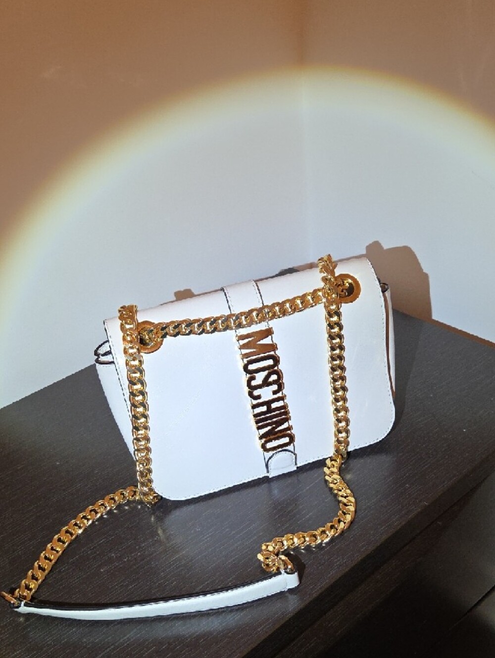 Moschino White Leather Crossbody with Gold Logo Chain - Picture 3 of 5